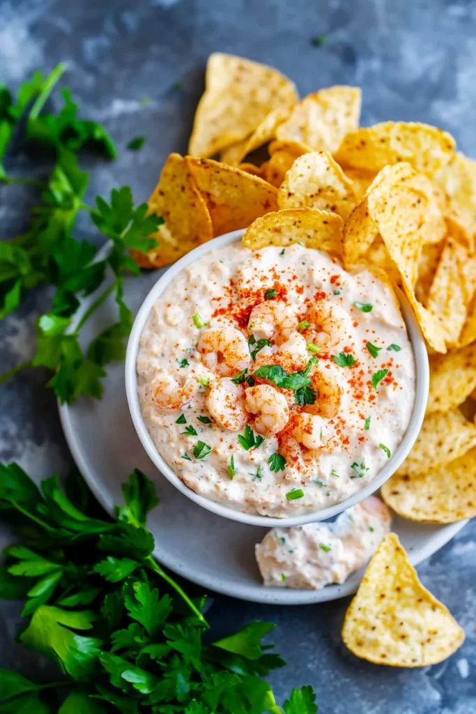 Creamy dip topped with shrimp pieces, green onions, and paprika, surrounded by tortilla chips.