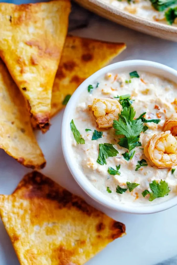 Party-style dip with shrimp and herbs in a creamy base, paired with crispy tortilla chips.