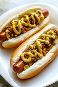 Hot dogs in soft buns topped with chili, onions, pickles, and mustard drizzle.