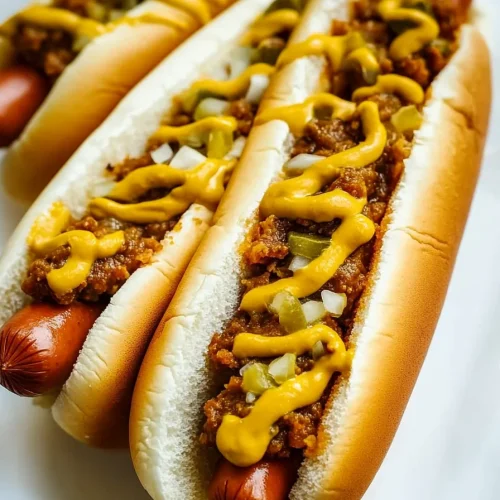 Soft buns filled with sausages, layered with chili, onions, and mustard.
