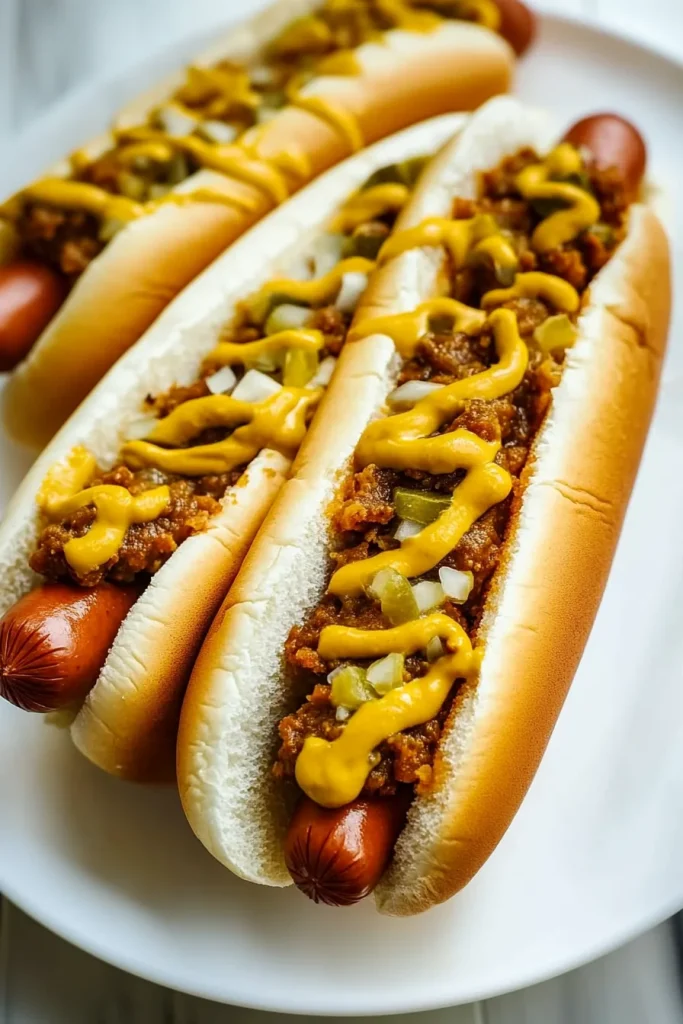 Soft buns filled with sausages, layered with chili, onions, and mustard.