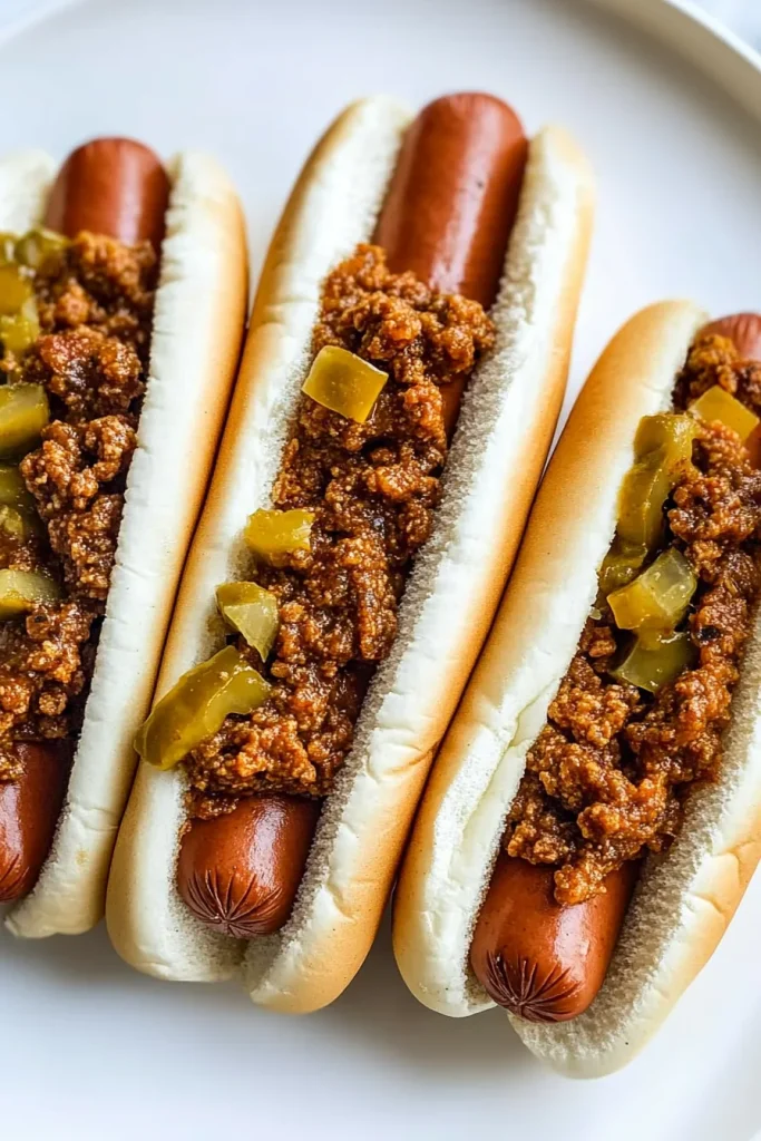 Three chili dogs arranged neatly, showcasing their generous toppings.