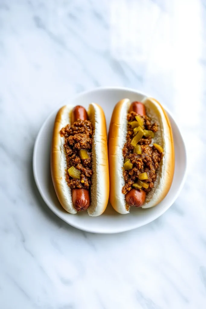 Plated hot dogs with colorful contrast between smooth mustard and hearty chili.