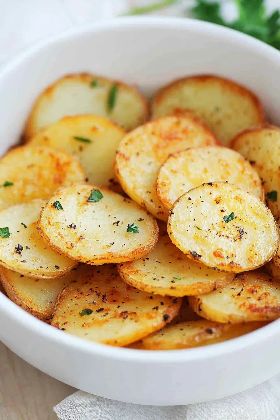 Rustic potato rounds with herbs, served in a simple white dish