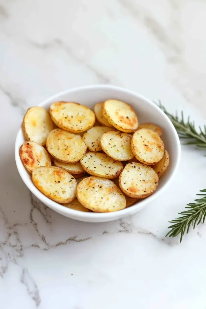 Crispy baked potato slices arranged neatly, showing their golden texture