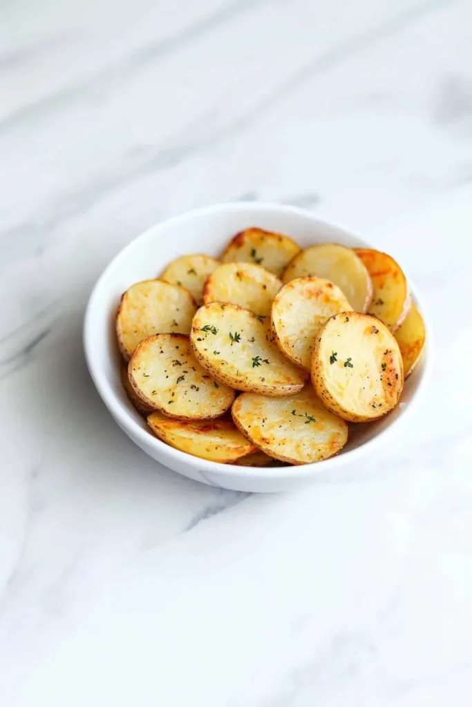 Bowl of warm, thinly sliced potatoes with a light pepper seasoning