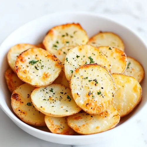 Golden potato slices with crisp edges and fresh herbs in a white bowl