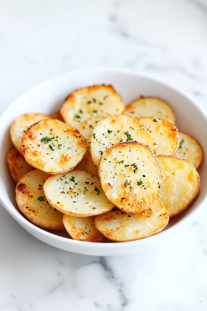 Golden potato slices with crisp edges and fresh herbs in a white bowl
