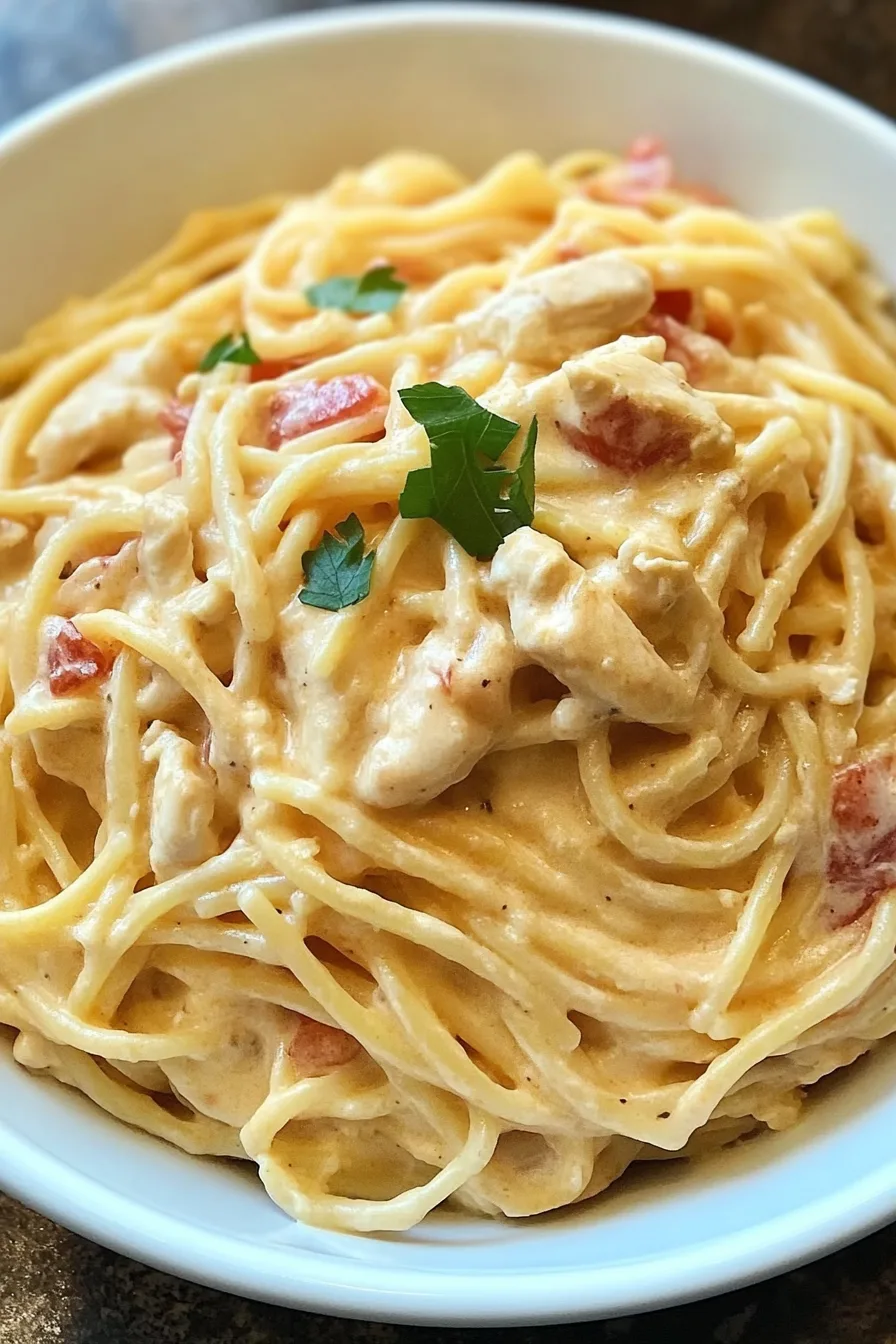 Comfort food presentation of spaghetti in a thick, cheesy sauce.