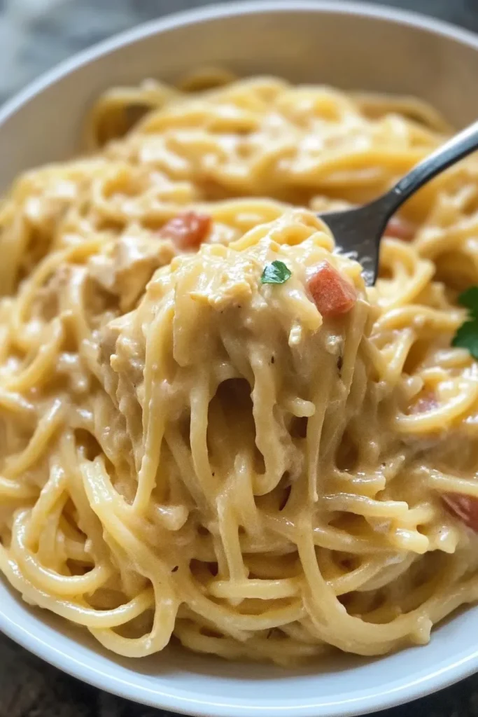 Close-up of pasta coated in cheesy tomato cream with parsley garnish.