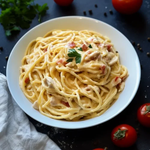 Bowl of saucy spaghetti with visible chicken pieces and fresh herbs.