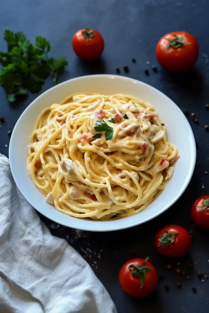 Bowl of saucy spaghetti with visible chicken pieces and fresh herbs.