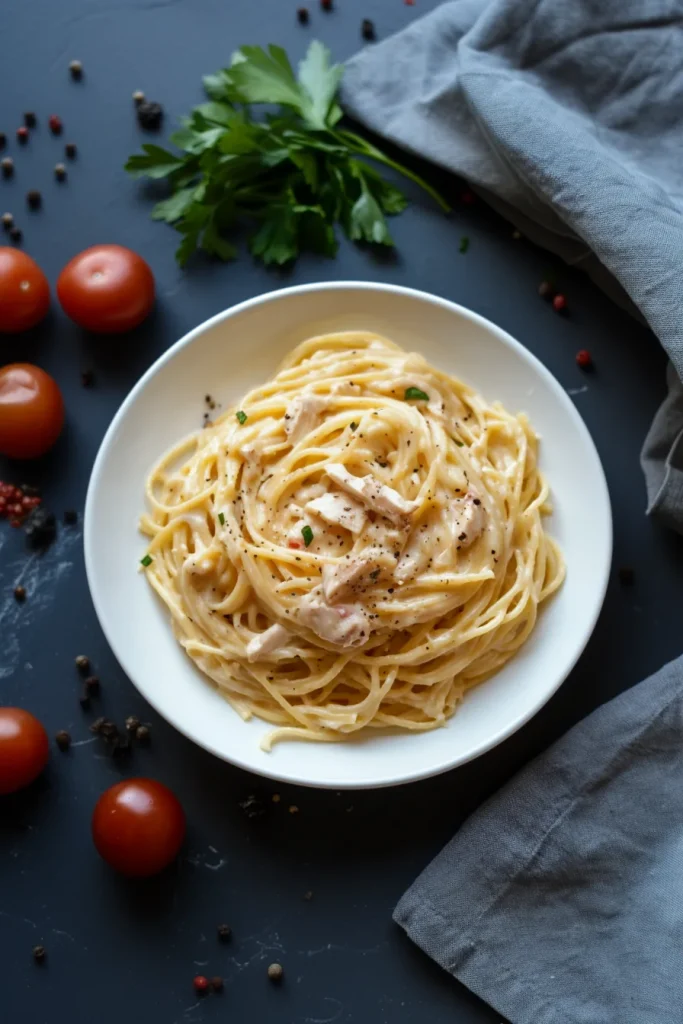Creamy spaghetti twirled with tender chicken chunks and a rich sauce.