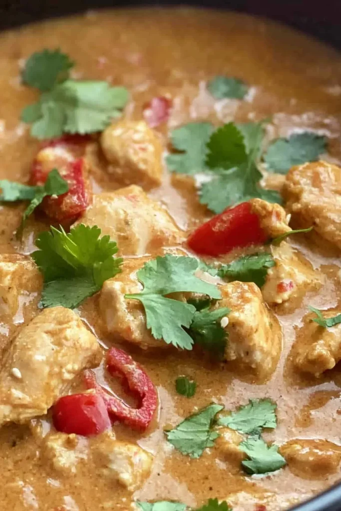 Golden curry-style chicken topped with cilantro and red chili slices.