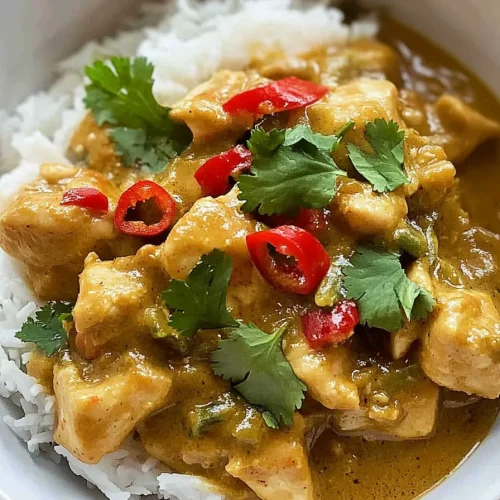 Hearty chicken dish with thick sauce and fresh herb garnish.