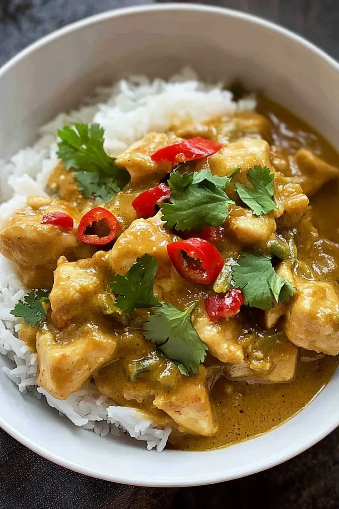 Hearty chicken dish with thick sauce and fresh herb garnish.