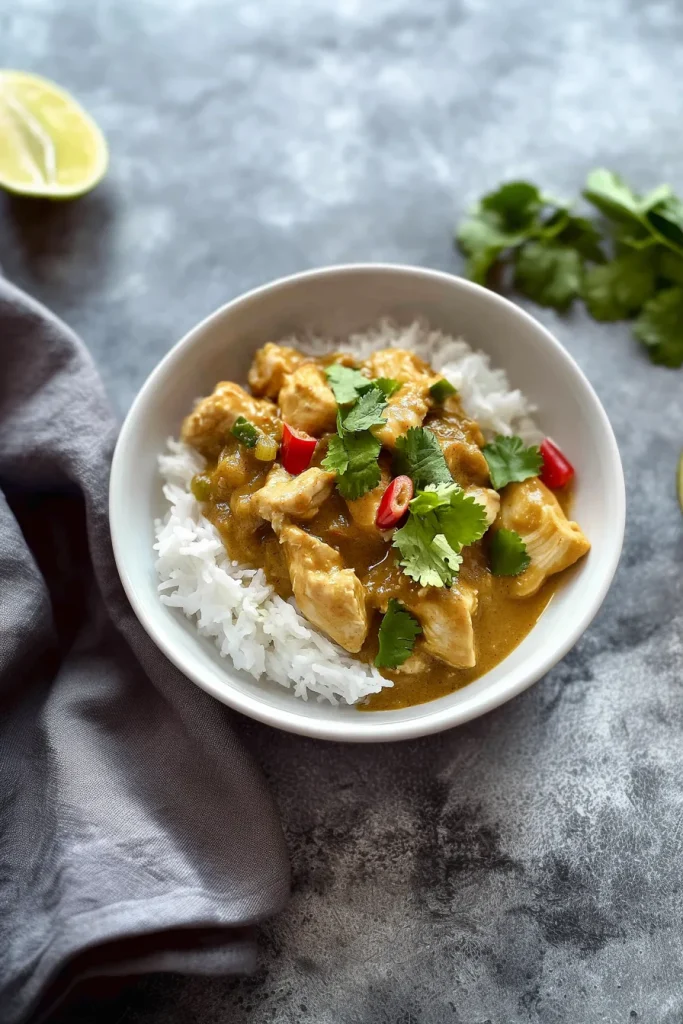 A bowl of tender chicken in creamy satay sauce served with steamed rice.