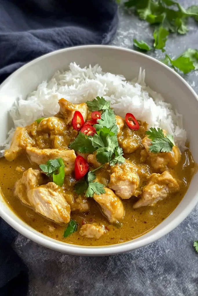 Warm serving of chicken satay with rice, garnished for presentation.