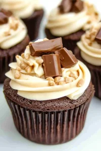 Close-up of rich cupcakes decorated with chopped chocolate and toffee bits.