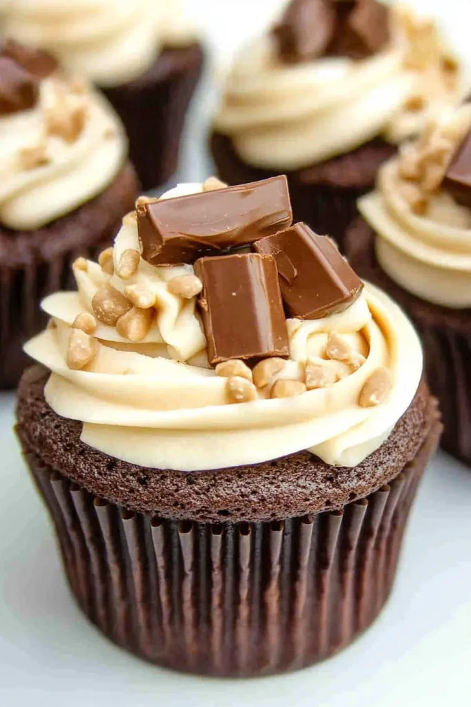 Close-up of rich cupcakes decorated with chopped chocolate and toffee bits.