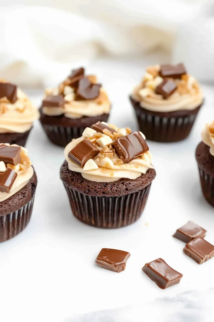 Cupcakes arranged together showing creamy frosting and crunchy toppings.