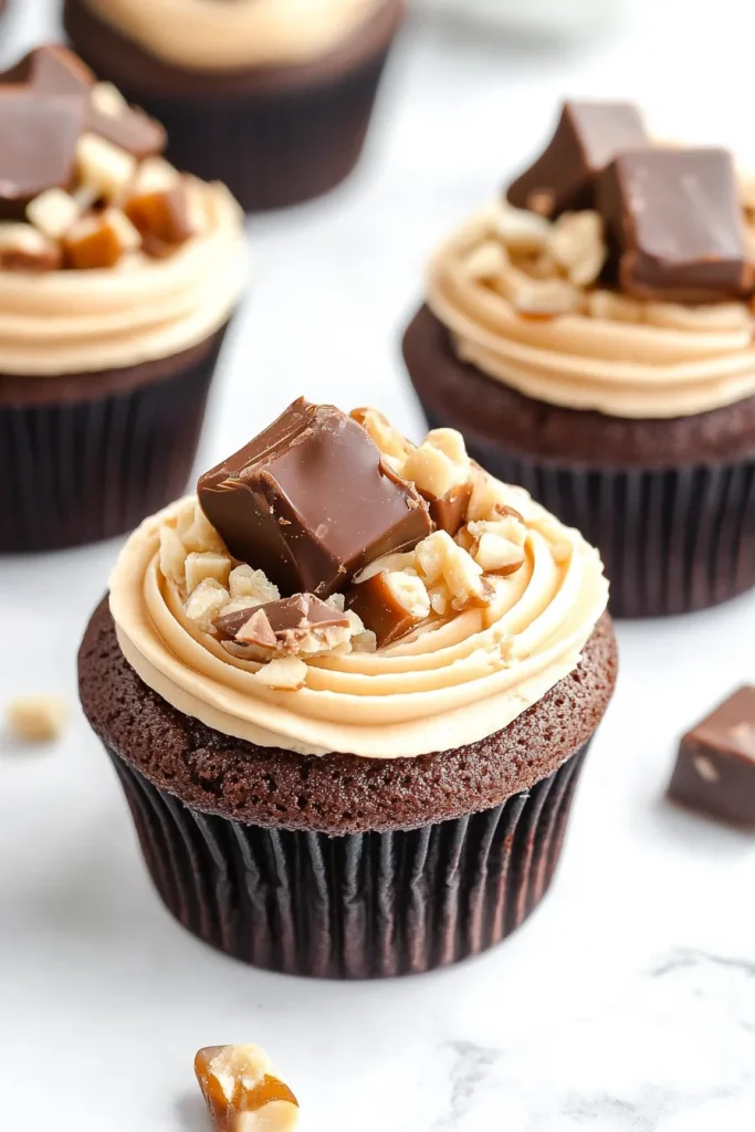 Chocolate cupcakes topped with swirls of caramel frosting and candy pieces.