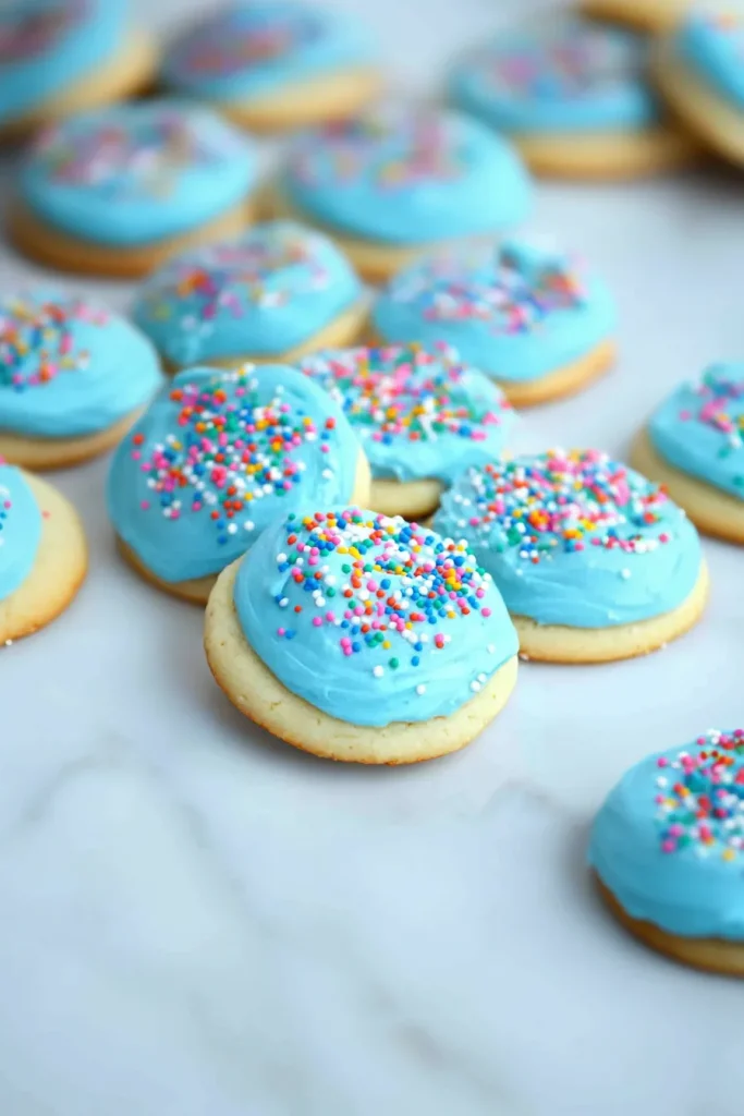 Overhead view highlighting pastel frosting and multicolored sprinkles.