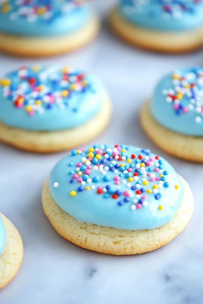 Round sugar cookies topped with bright blue frosting and colorful sprinkles.