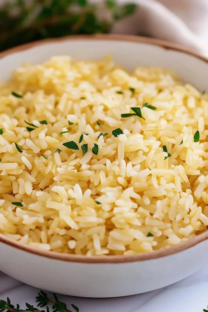 Warm rice dish garnished with chopped parsley, served simply
