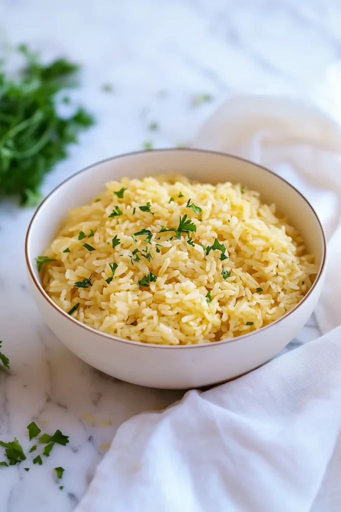 Fluffy yellow rice topped with fresh green herbs in a white bowl