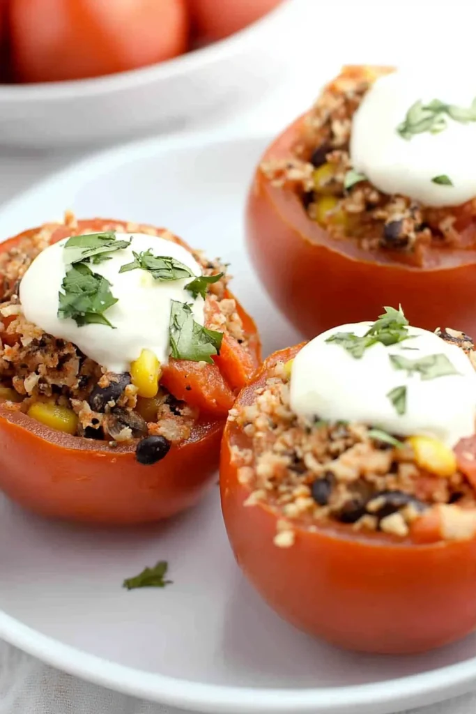 Overhead view of stuffed tomatoes on a serving dish, highlighting the mix of grains and vegetables.