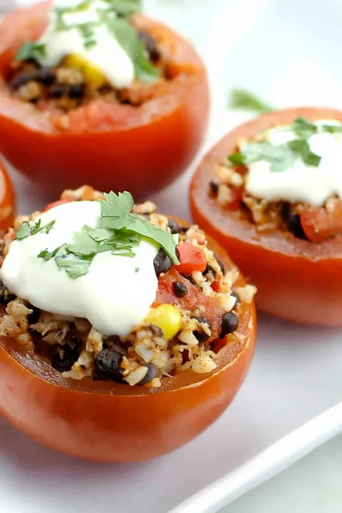 Bright red tomatoes filled with beans, corn, and couscous, topped with sour cream and herbs.