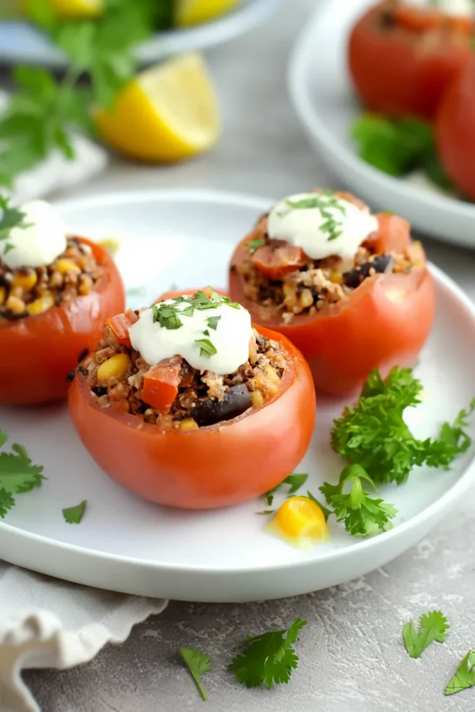 Plated tomatoes arranged neatly, showcasing vibrant textures and fresh cilantro.