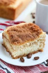 Slice of moist cake with crumbly cinnamon topping on a white plate.
