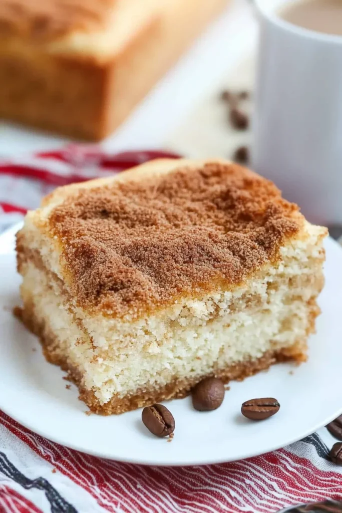 Slice of moist cake with crumbly cinnamon topping on a white plate.