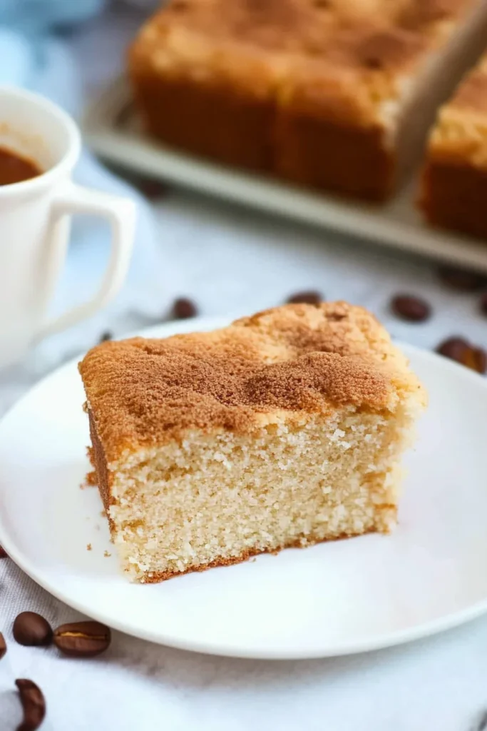 Coffee cake portion with crisp topping and soft interior layers.
