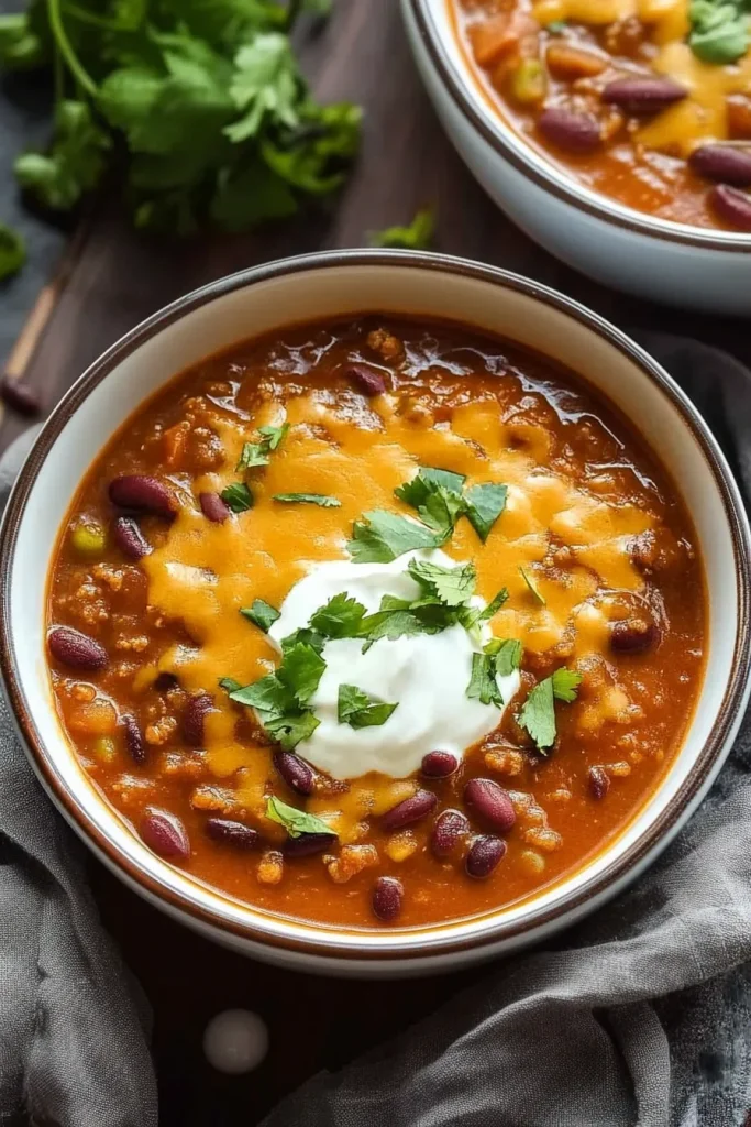 Rustic presentation of chili, green onions and herbs adding color.