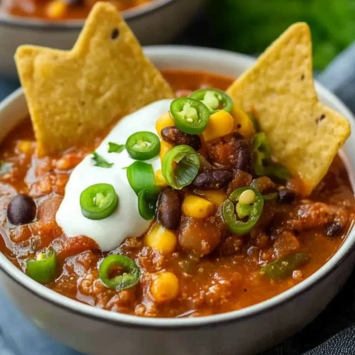 Chili served with tortilla chips standing upright in the bowl.