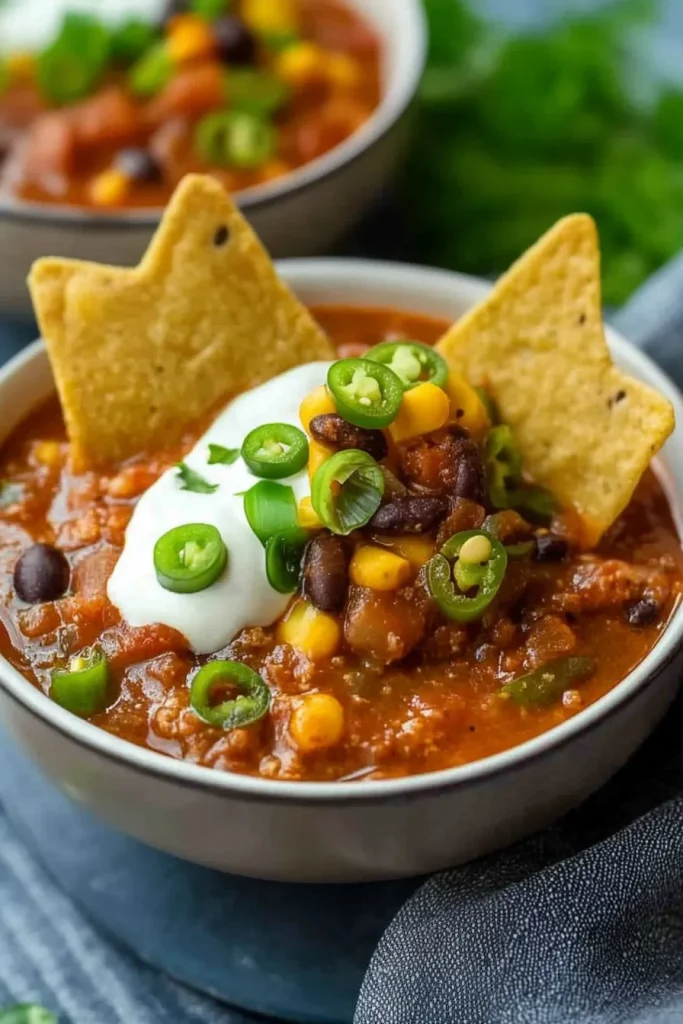 Chili served with tortilla chips standing upright in the bowl.