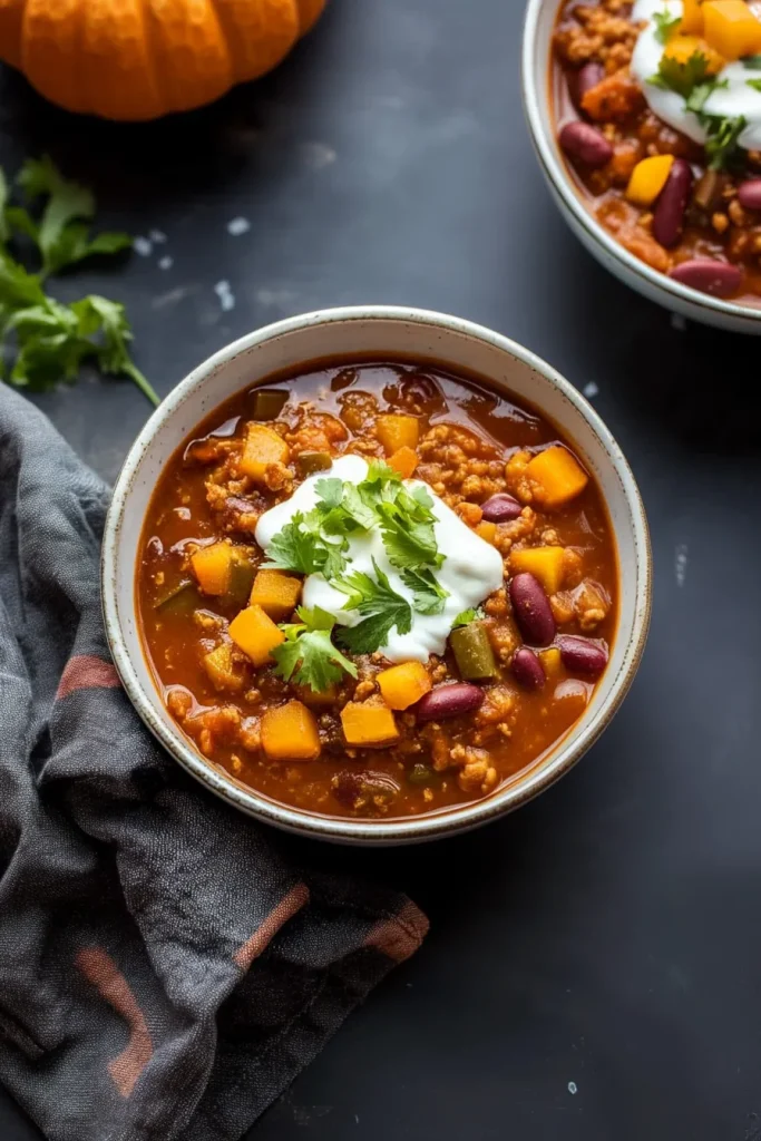 Hearty bowl of chili topped with sour cream and jalapeรฑo slices.