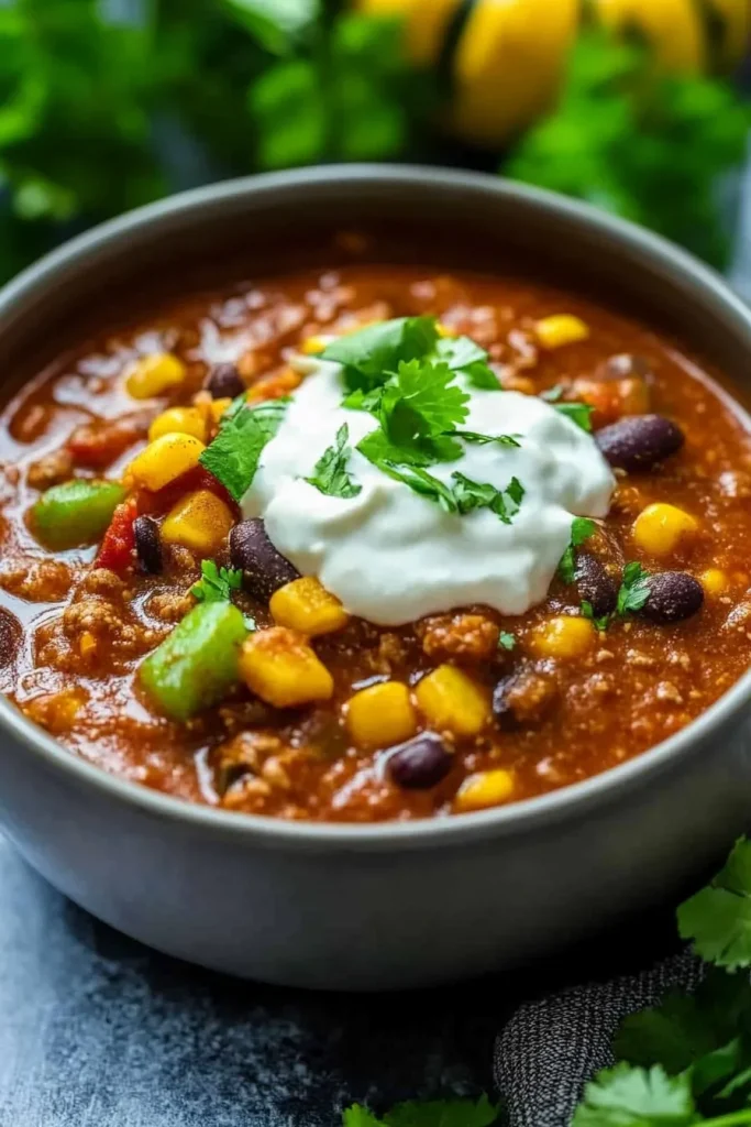 Thick chili with visible tomato chunks, styled with creamy topping.