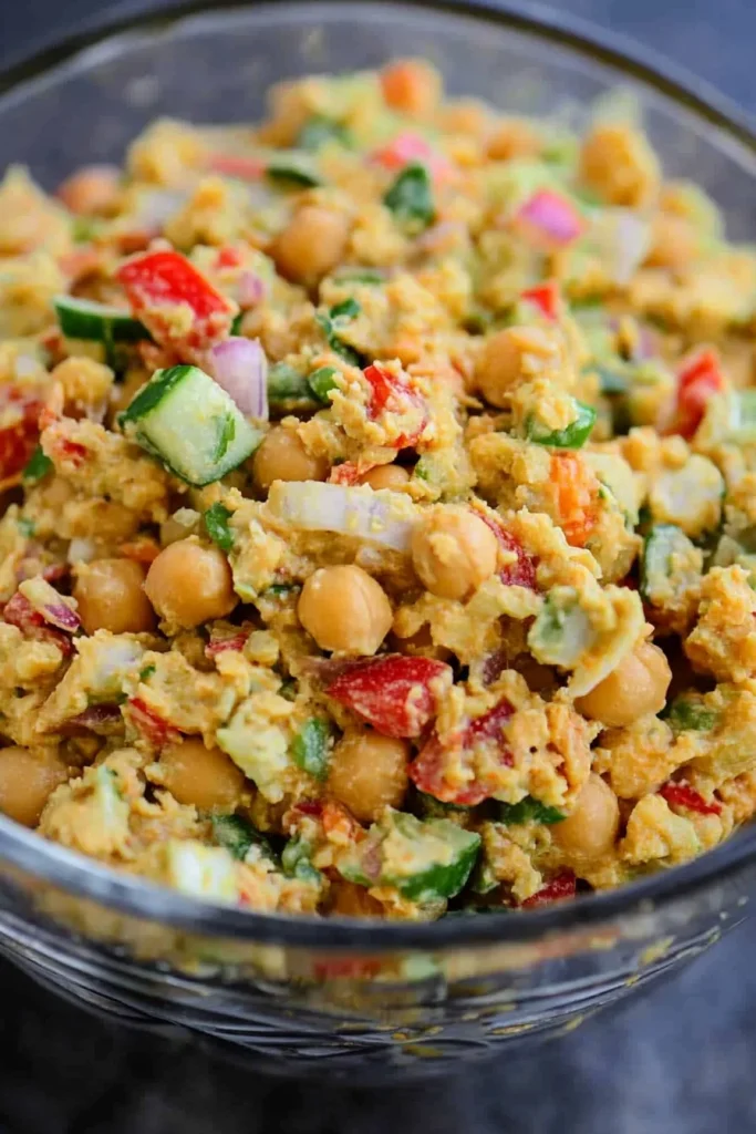 Close-up of colorful chickpea salad highlighting fresh cilantro and diced vegetables.