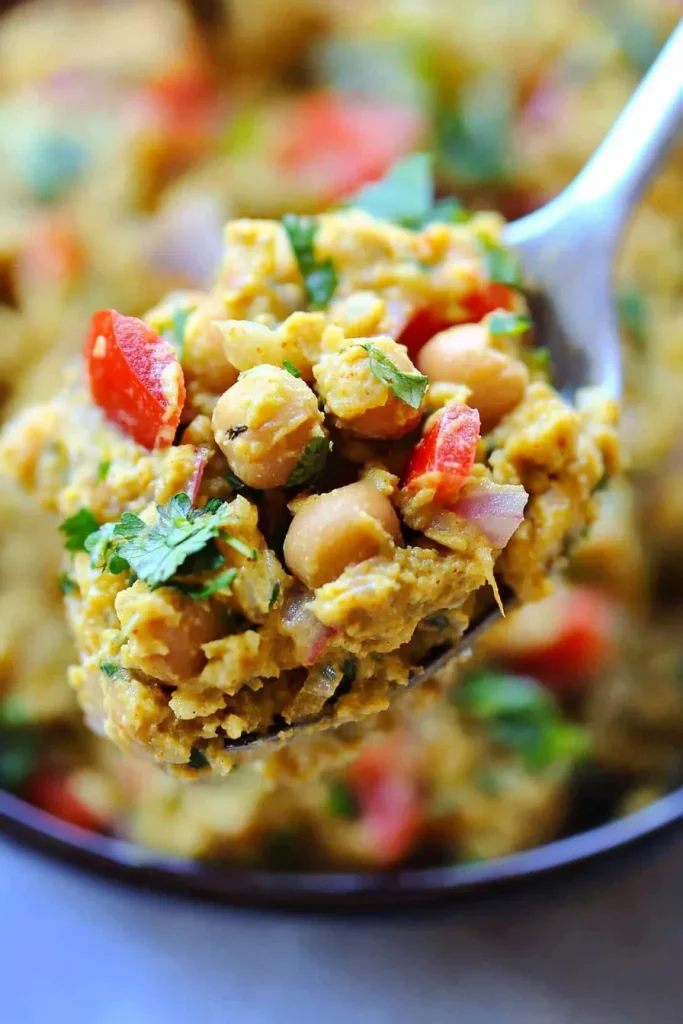 Spoonful of chickpeas mixed with peppers, onions, and herbs in golden curry sauce.