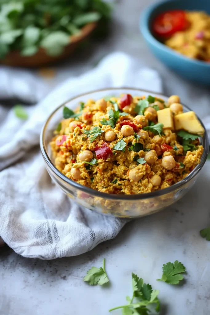 Vibrant blend of chickpeas, peppers, and onions with rich curry seasoning.
