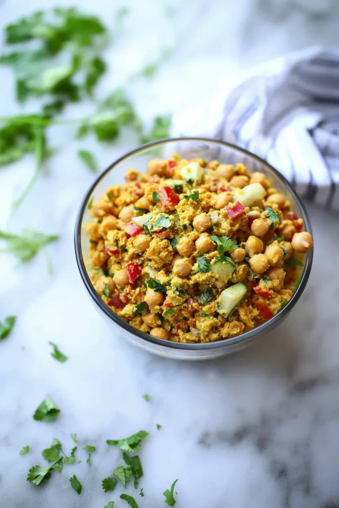 Hearty chickpea mixture coated in spiced yellow dressing, served in a bowl.