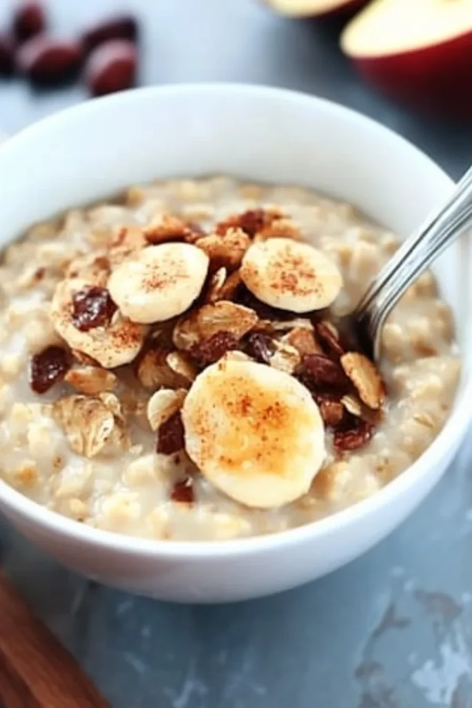 White bowl filled with thick oats, nuts, and banana rounds.