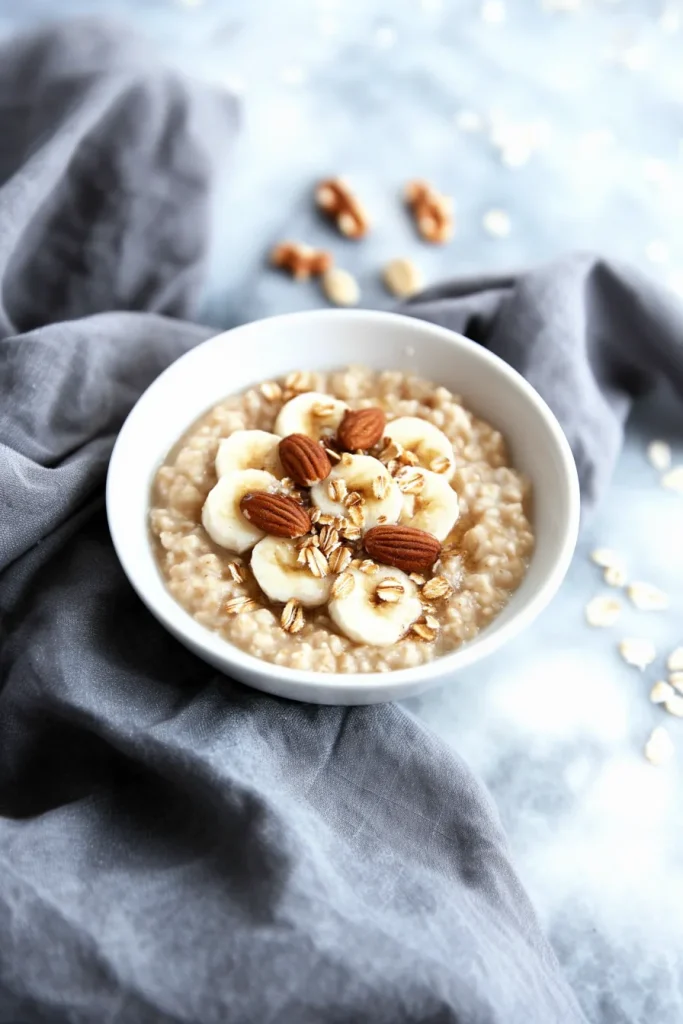 Creamy bowl of oatmeal topped with banana slices and almonds.