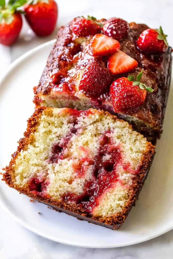 Slice of cake revealing tender texture and pockets of strawberry filling.