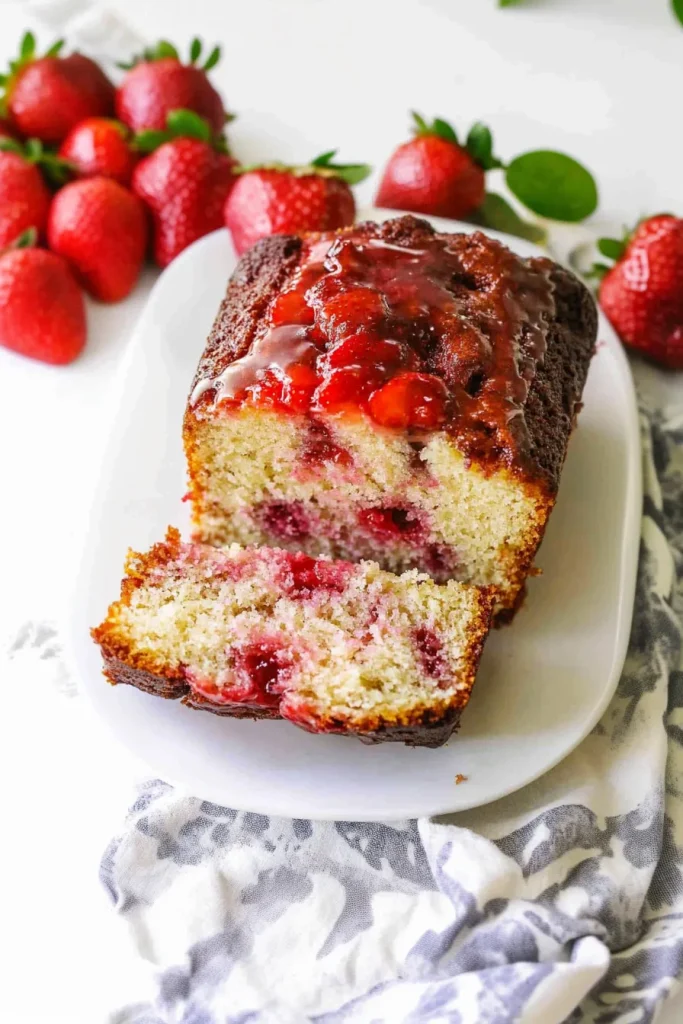 Overhead view of loaf with whole berries and sweet glaze