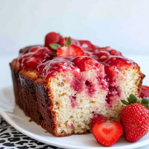 Golden loaf topped with fresh strawberries and glossy glaze.